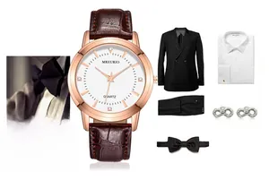 Montre quartz homme avec bracelet cuir marron et boîtier doré rose en décor élégant