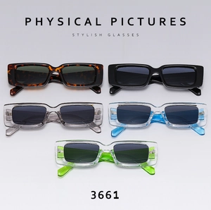 Detailed flat lay of square frame sunglasses in five assorted colors with model 3661