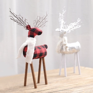 Standing reindeer Christmas decor in red black plaid and silver glitter finishes