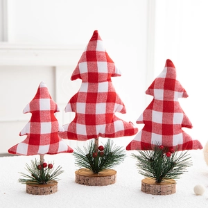 Mini fabric Christmas trees with red plaid patterns and wood bases for tabletop decor