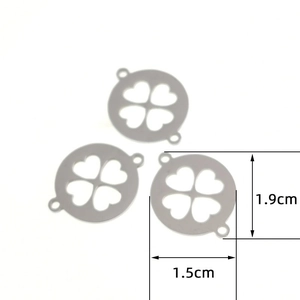 Detailed view of silver clover charms with dimensions 1.9cm height and 1.5cm width