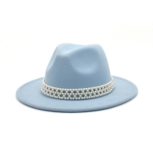 Detail of light blue felt fedora hat featuring a triple-row pearl decorative band
