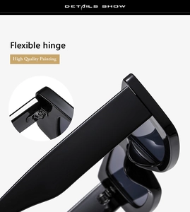 Detail of flexible metal hinges and high quality glossy painting on black square sunglasses