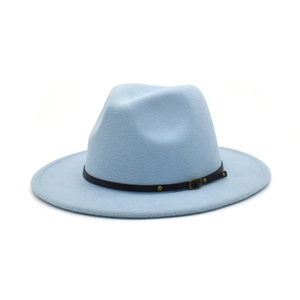Detail showing the light blue wool felt fedora with a black leather band and metal buckle