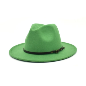 Detail of green felt fedora hat featuring a black leather band and gold metal buckle