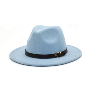 Detail of light blue wool fedora with brown leather band and gold square buckle