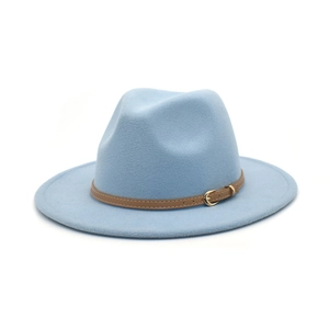 Detail of light blue wool fedora hat with brown faux leather belt and gold buckle