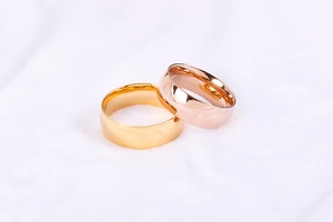 Detail view of high-polished gold and rose gold stainless steel minimalist rings
