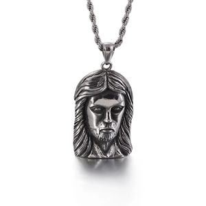 Silver stainless steel Jesus head pendant necklace with twisted rope chain on white background
