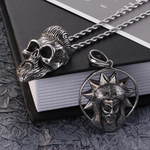 Mens stainless steel mustache skull and sun face pendant necklace set with twist chain