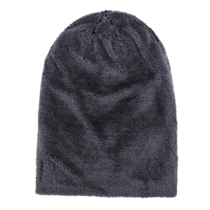 Deep grey thickened winter knit beanie with warm plush faux fur texture and thermal lining