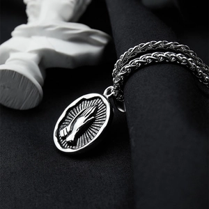 Silver praying hands pendant necklace with textured wheat chain for men and women