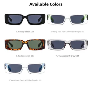 Detailed grid showing five stylish rectangular sunglasses in various frame colors