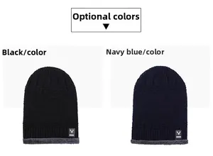 Close-up of thick knitted beanie showing thermal fleece lining and stylish leather patch