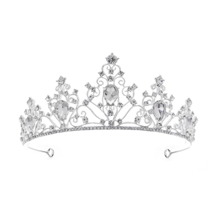 Luxurious silver alloy bridal crown with sparkling clear rhinestones and waterdrop crystals