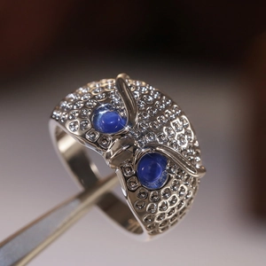 Macro close-up showing blue cat eye stones and white crystals on the owl ring