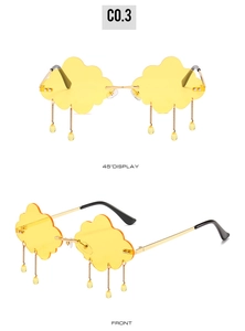 Front and 45-degree angle views of yellow cloud-shaped sunglasses with raindrop charms