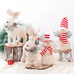 Sisal Snowman Reindeer Christmas Tabletop Decor Nordic Rustic Winter Holiday Ornaments Pine Needle Red Berry Accents
