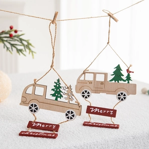Wooden Christmas truck hanging ornament with Merry Christmas sign and wooden clip