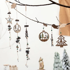 Nordic wooden Christmas star hanging ornaments with pine cones and beads for tree decor