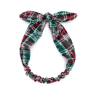 Christmas bunny ear elastic headband with red and green plaid bow and snowflake pattern