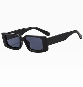 Detail shot of black rectangular sunglasses with glossy frames and dark grey lenses