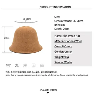 Chapeau bob en laine mélangée marron chameau avec spécifications de taille d'hiver