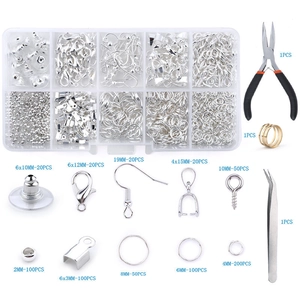 Silver jewelry making starter kit with metal findings, pliers, and tweezers for DIY crafts