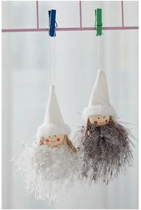 Detail of plush Christmas angel doll with wooden head and soft faux fur hanging decoration