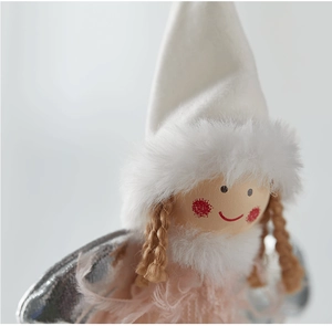 Close-up of a pink plush Christmas angel doll with feather skirt and golden braids