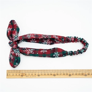 Christmas checkered rabbit ear headband with snowflake pattern and sizing ruler