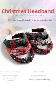 Close-up of the elegant knotted Christmas headband with snowflake and plaid fabric textures