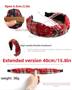 Detailed size chart for Christmas plaid headband with measurement guide in cm and inches