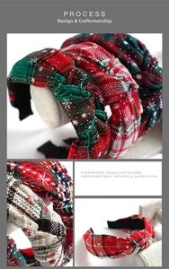 Detail of handmade knotted Christmas headband featuring festive plaid texture and snowflakes