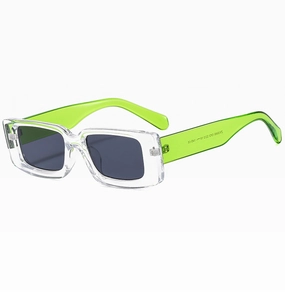 Detail view of square sunglasses arm with model 2N3665 and CE safety mark specs