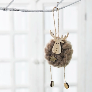 Handmade wool felt reindeer Christmas tree ornament with wooden stars and jute rope hanging