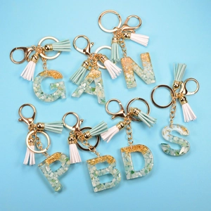 Initial Letter Keychain Resin Gold Foil Crushed Stone Double Tassels Lobster Clasp Fashion Bag Pendant Charm