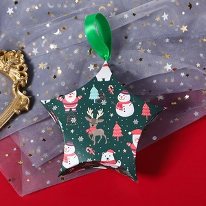 Sternförmige grüne Weihnachtsgeschenkbox mit festlichen Weihnachtsmann- und Rentier-Motiven