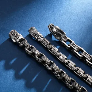 Détail d'un bracelet tête de dragon argenté avec des textures complexes en acier sculpté