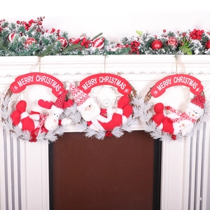 Christmas Rattan Wreath Hanging Ornament With Santa Snowman Reindeer Plush Doll Merry Christmas Sign Festive Door Decor