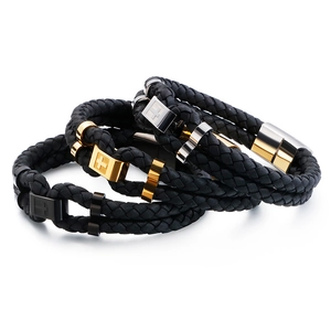 Double-layer braided leather bracelet with stainless steel cross magnetic clasps for men