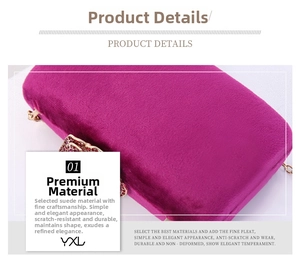 Close-up of magenta velvet evening clutch featuring a rhinestone rose clasp and gold chain