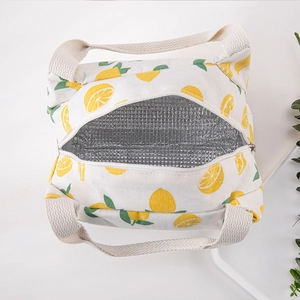 Insulated canvas lunch bag with lemon print and thickened aluminum foil lining