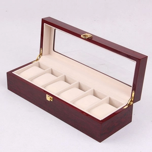 6-slot wooden watch storage box with reddish-brown wood grain and cream velvet interior