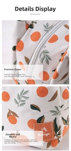 Detail of insulated lunch bag featuring orange print and durable smooth metal zipper