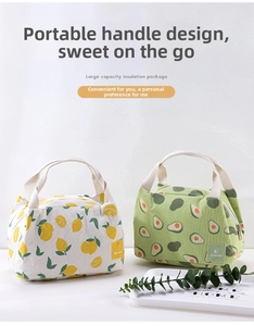 Detail of lunch bags with lemon and avocado patterns and reinforced fabric handles