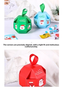 Detail of Christmas candy gift boxes with festive illustrations and ribbon handles