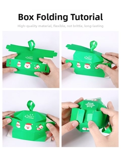 Step-by-step guide for assembling a green Christmas candy gift box with festive patterns