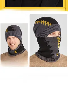 Details von Herren Winter Strickmütze und Schal Set mit Fleecefutter und Farblock-Design