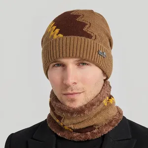Herren Winter Strickmütze und warmer Schlauchschal Set mit geometrischem Muster und Fleecefutter